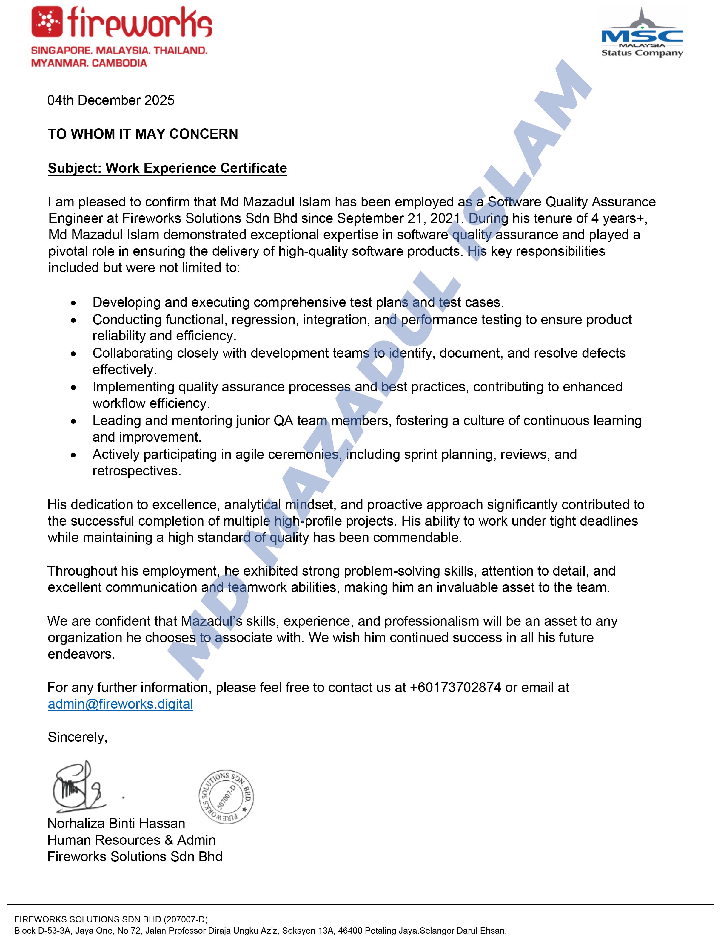 Experience Certificate (Fireworks Solution)