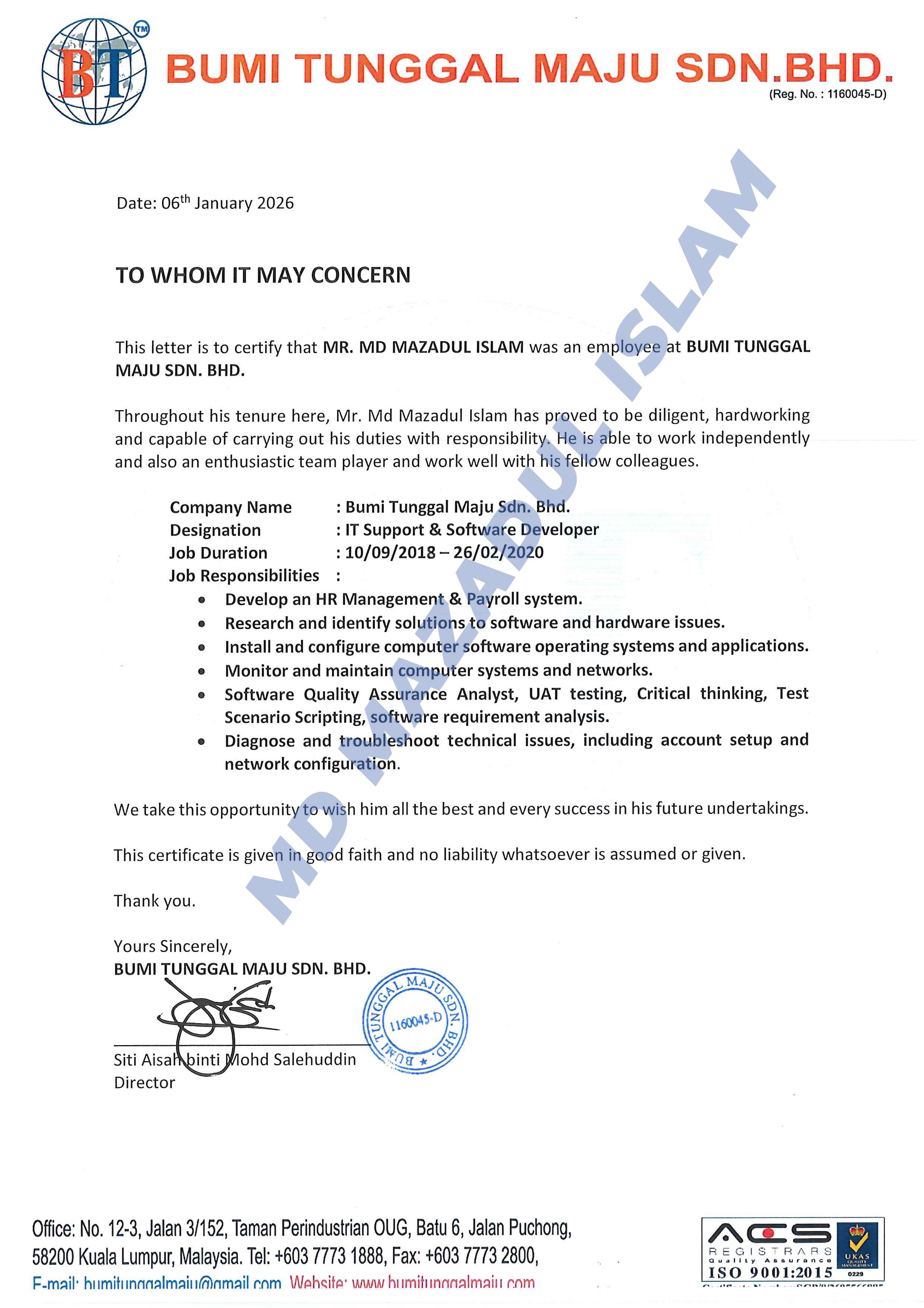 Experience Certificate (Bumi Tunggal Maju)