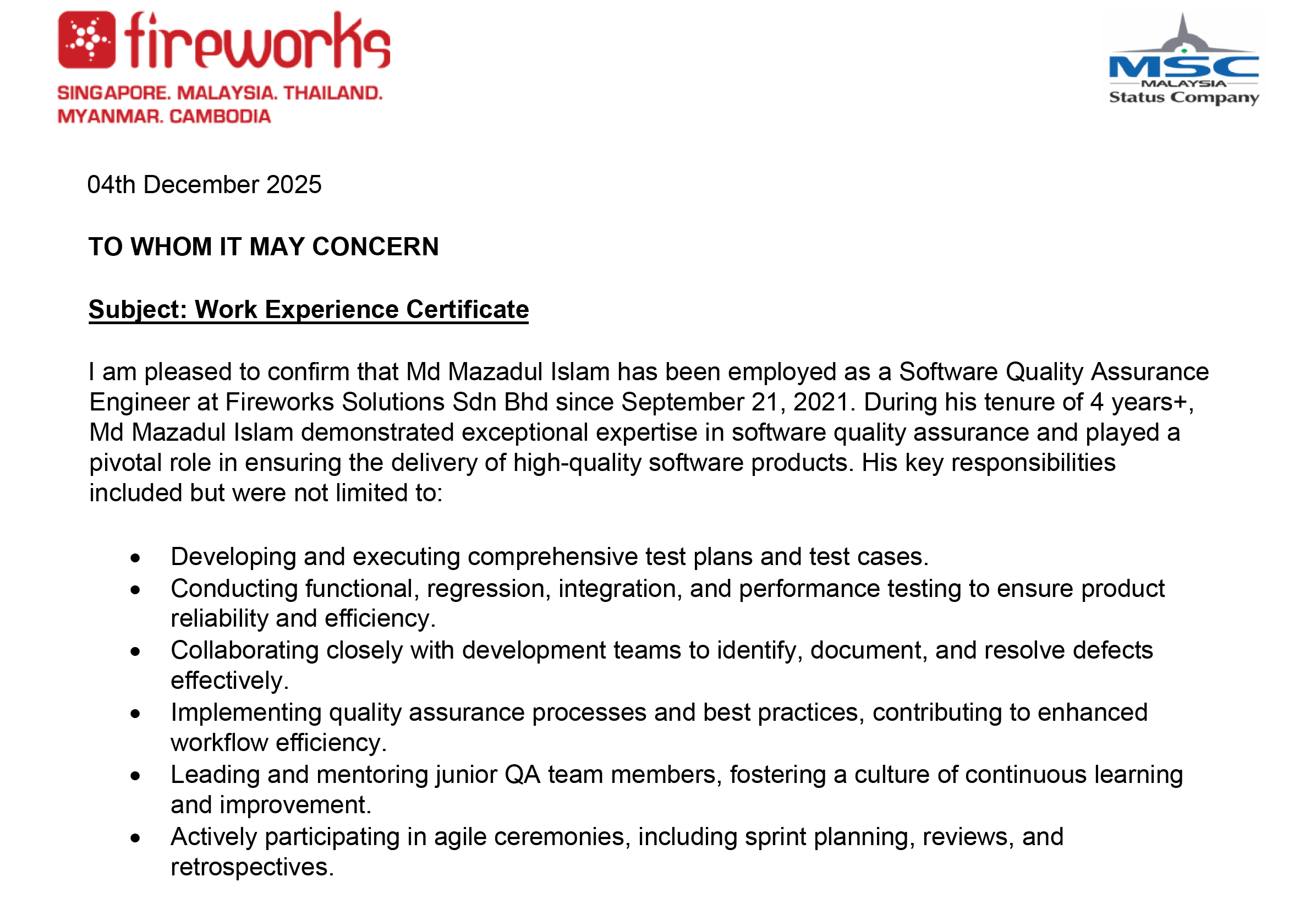 Experience Certificate (Fireworks Solution)