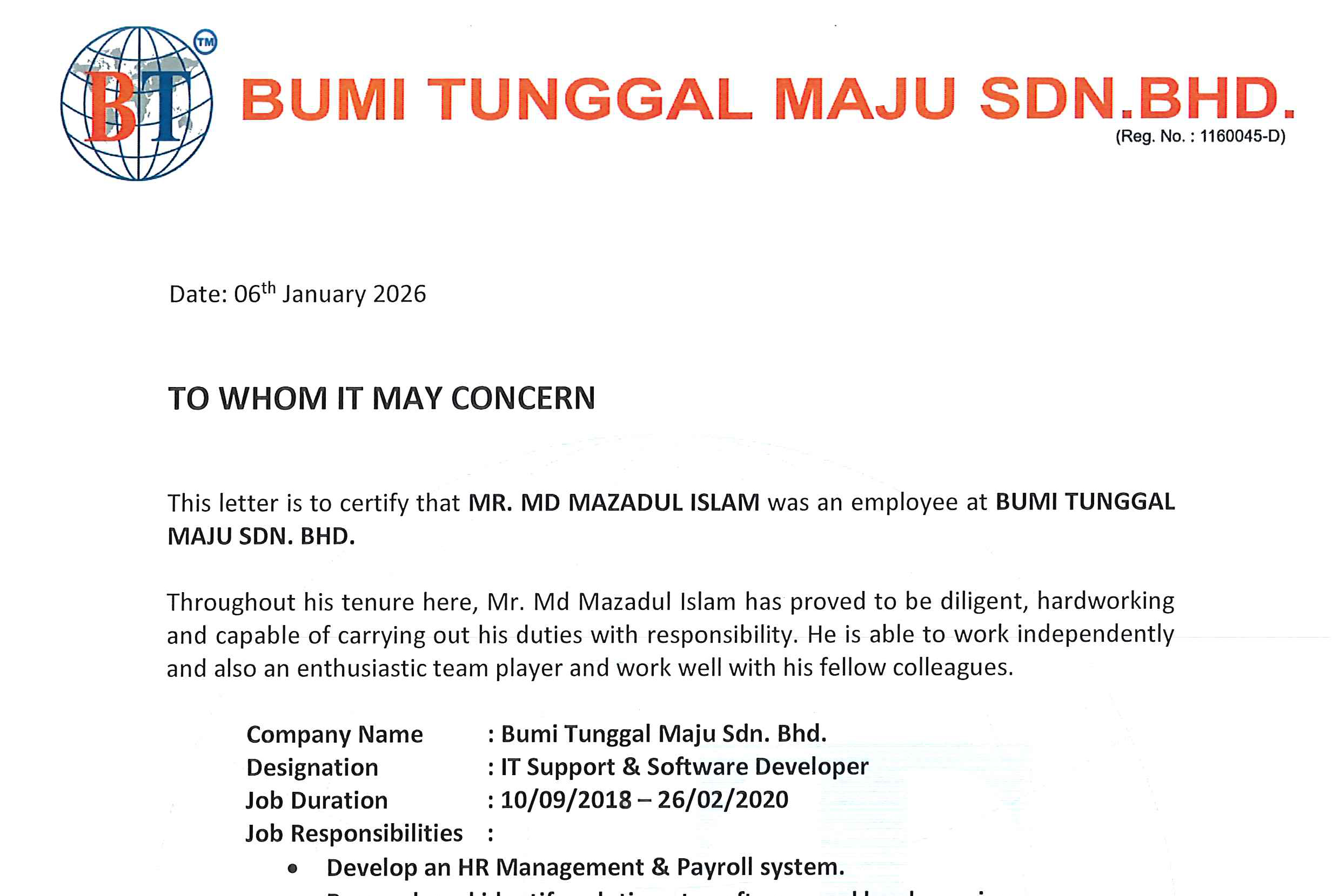 Experience Certificate (Bumi Tunggal Maju)