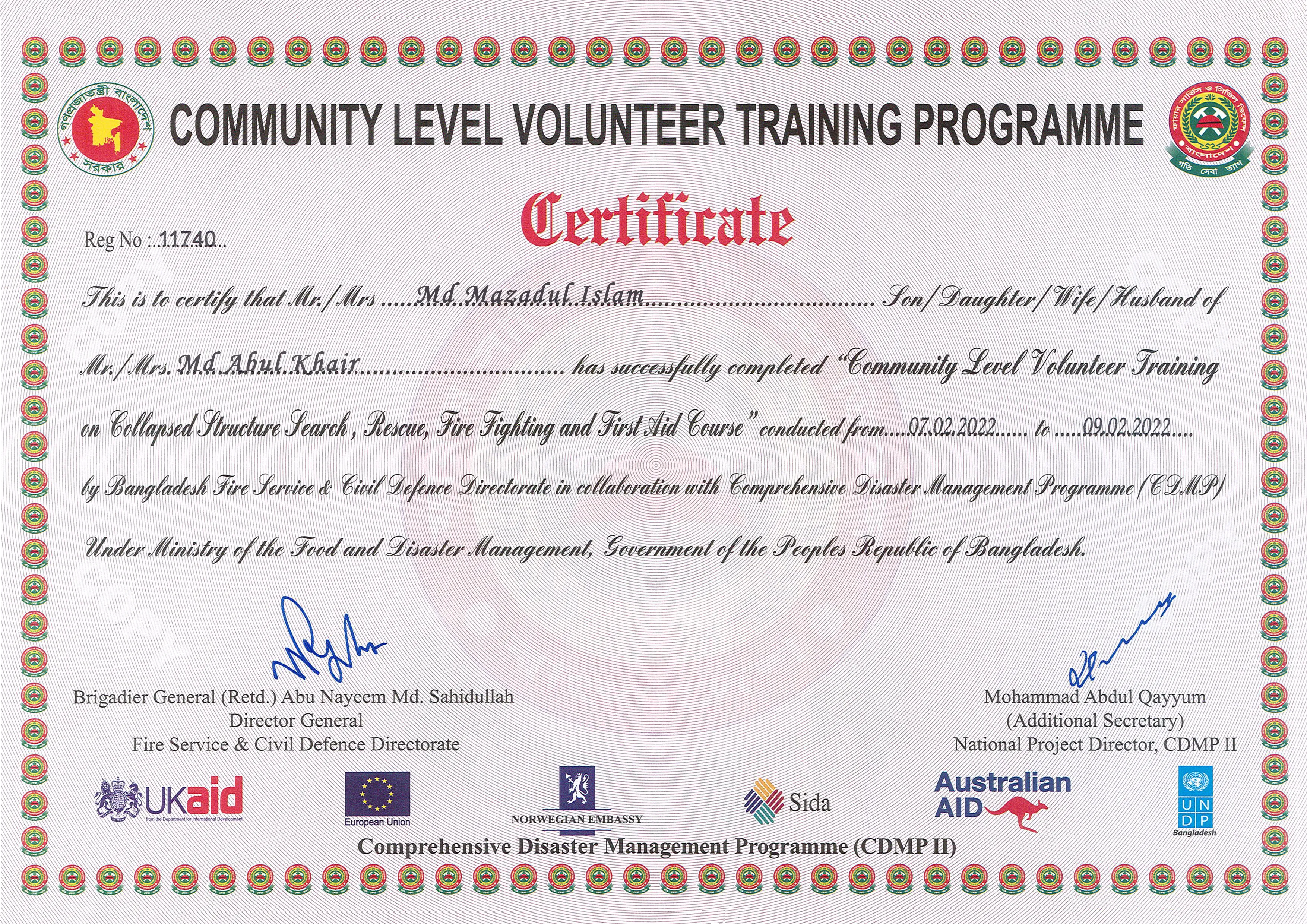 Volunteer Certificate by Bangladesh Fire Service